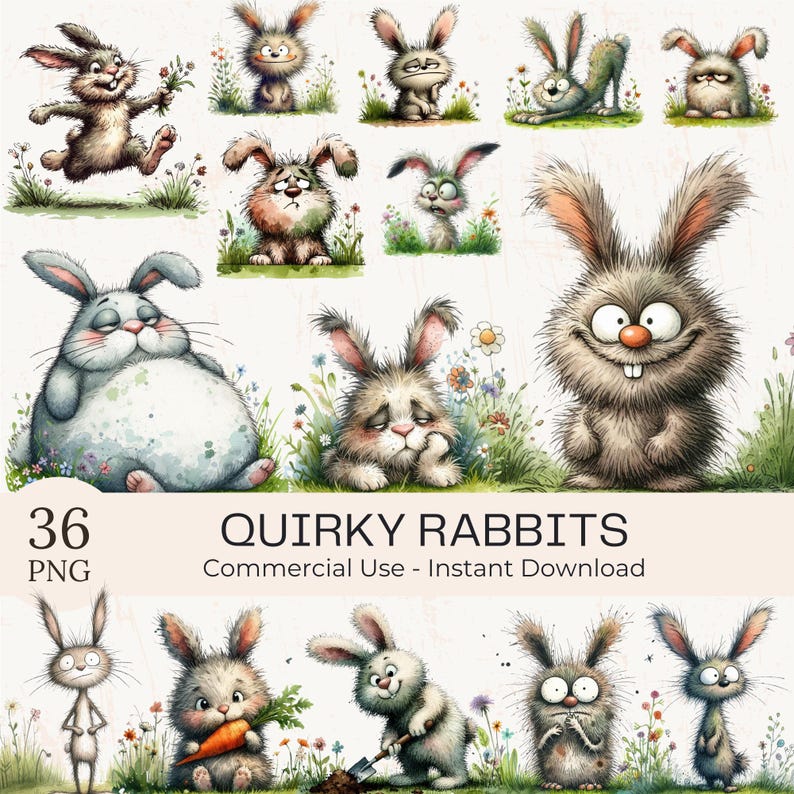 36 Quirky Rabbit Clipart - Watercolor Funny Easter Bunny PNG Bundle - Animals Sublimation Digital Download image 1