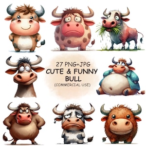 Quirky Funny Bull Cow Clipart PNG Bundle - 27 Watercolor Cute Silly Cartoon Farm Buffalo Animal Clip Art - Digital Download - Commercial Use