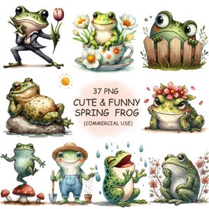 Paquete de imágenes PNG de ranas primaverales divertidas y adorables: 37 ranas acuarelas peculiares con detalles florales, descarga digital, uso comercial incluido