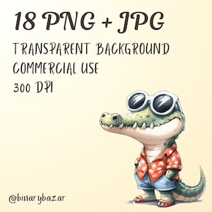 May include: A cartoon illustration of a green alligator wearing sunglasses, a red and white patterned shirt, and blue shorts. The alligator is smiling and has a friendly expression. The background is a light yellow color.