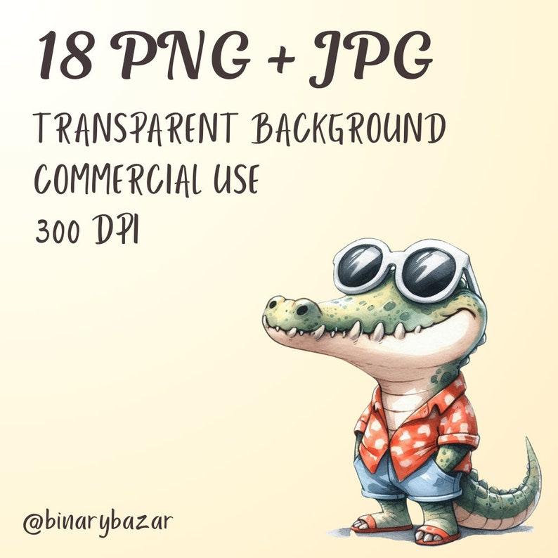 May include: A cartoon illustration of a green alligator wearing sunglasses, a red and white patterned shirt, and blue shorts. The alligator is smiling and has a friendly expression. The background is a light yellow color.