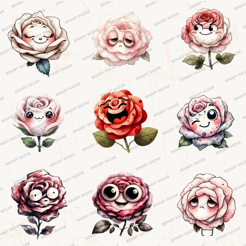 Funny Rose Flower Clipart PNG Bundle: 30 Watercolor Kawaii Floral ...