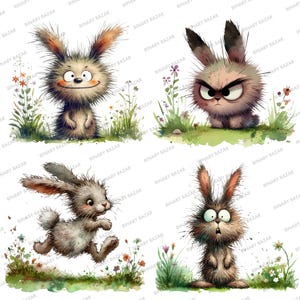 May include: Four cartoon rabbits with different expressions, painted in watercolor on a white background. The rabbits are surrounded by green grass and colorful flowers.