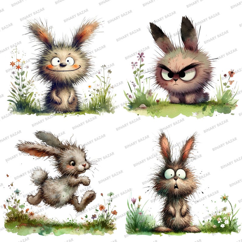 May include: Four cartoon rabbits with different expressions, painted in watercolor on a white background. The rabbits are surrounded by green grass and colorful flowers.