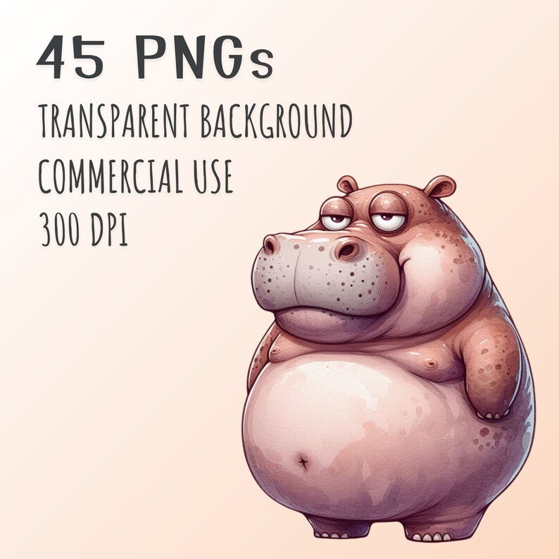 May include: A cartoon illustration of a light brown hippo with a relaxed expression. The image includes text that reads "45 PNGs, Transparent Background, Commercial Use, 300 DPI."
