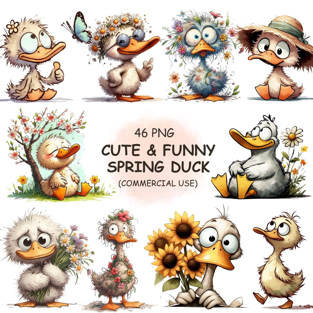Cute Funny Spring Duck Clipart PNG Bundle – 46 Quirky Watercolor Ducks ...