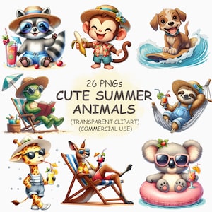 Słodkie letnie zwierzęta ClipArt PNG Bundle - 26 akwarelowych słodkich i uroczych dziecięcych letnich wakacji plażowych do wydrukowania Clip Art - cyfrowe pobieranie