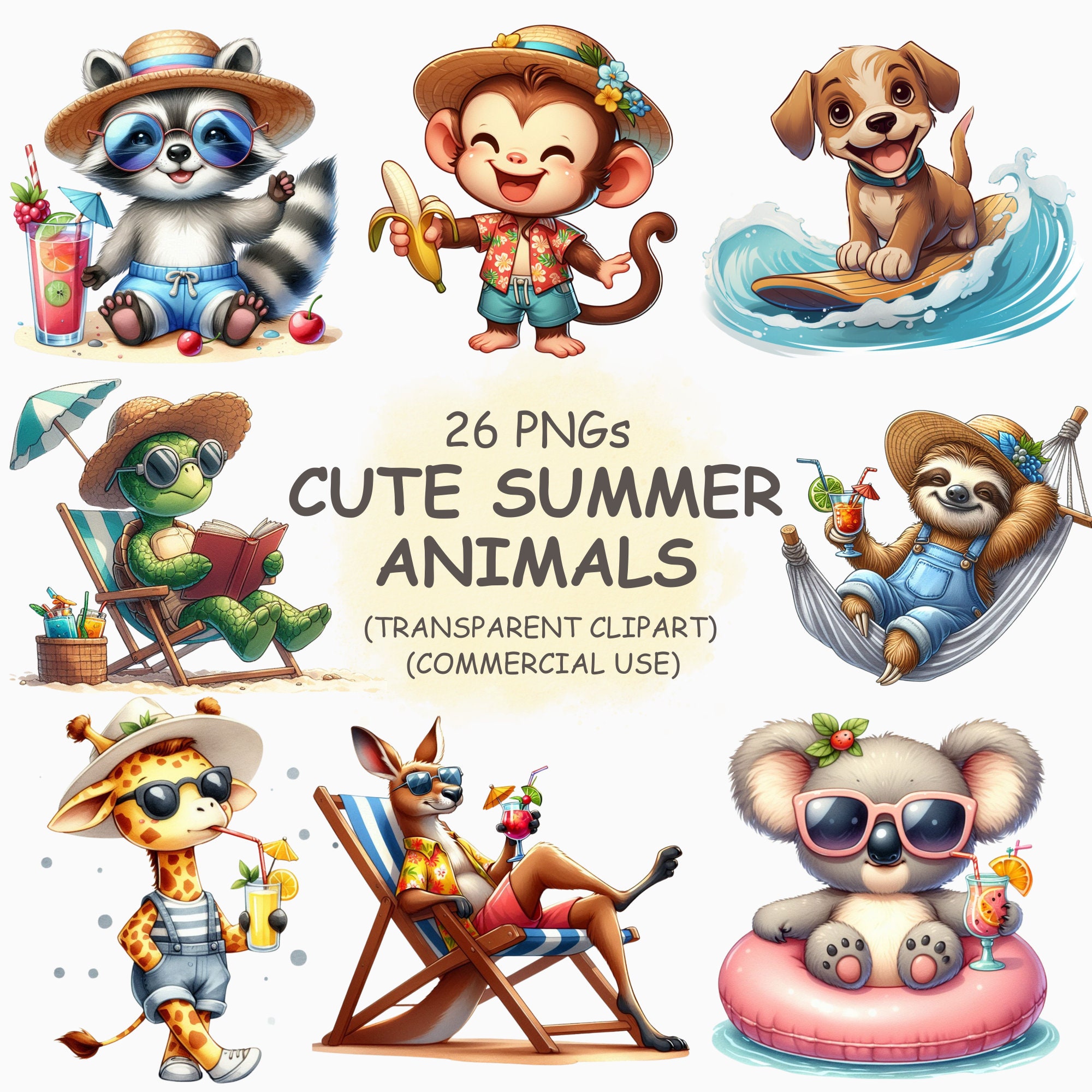 Cute Summer Animals ClipArt PNG Bundle - 26 Watercolor Cute & Adorable Baby Summer Season Holiday Beach Printable Clip Art- Digital Download