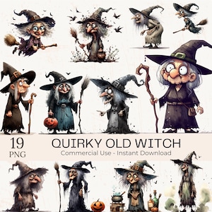 Quirky Old Witch Clipart PNGs: 19 Watercolor Funny Halloween Spooky Graphics (Digital Download)
