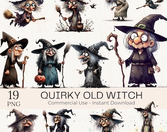 Quirky Old Witch Clipart PNGs: 19 Watercolor Funny Halloween Spooky Graphics (Digital Download)