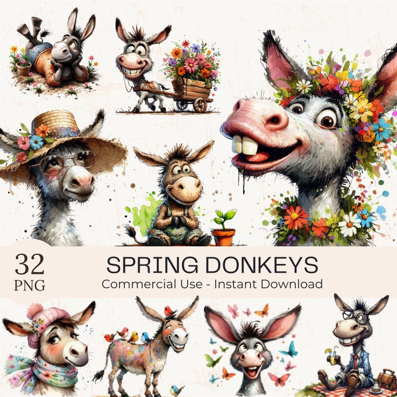 Spring Donkey 32 Quirky Spring Donkey Clipart PNG Bundle: Watercolor Funny Floral ...