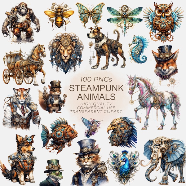 100 Steampunk Animals PNG Clipart Bundle- Watercolor Fantasy Animals Clip Art Cat Dog Woodland Safari Life- Printable Digital Download image