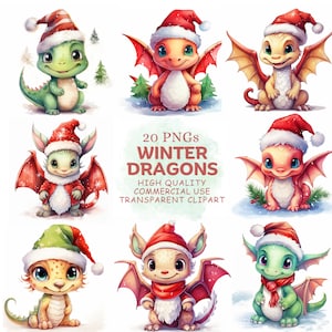 20 uroczych świątecznych fantasy baby dragon dinozaur clipart png - akwarelowe mityczne zwierzęta zima sezon świąteczny clip art - cyfrowe pobieranie