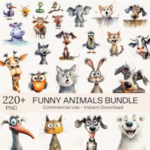 Paquete gigante de más de 220 imágenes prediseñadas de animales divertidos: Dibujos animados originales en acuarela PNG (Descarga digital) (Uso comercial)