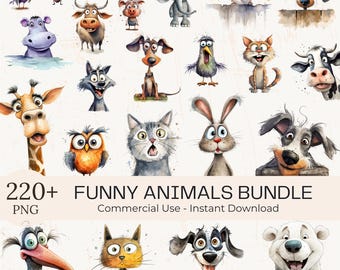 Megabundel met 220+ grappige dieren clipart: aquarel eigenzinnige cartoon png (digitale download) (commercieel gebruik)