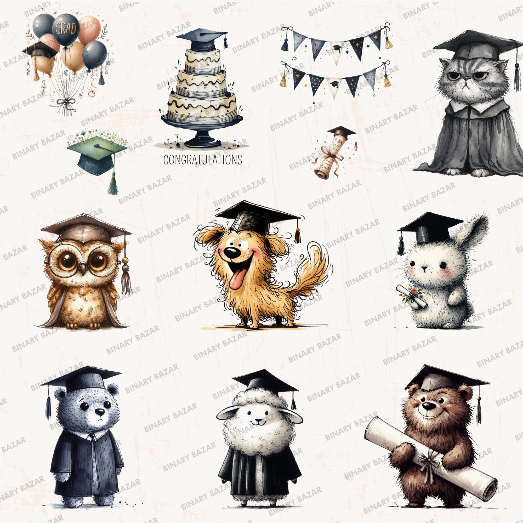 48 Quirky Graduation Animals Clipart PNG Bundle: Watercolor Funny ...