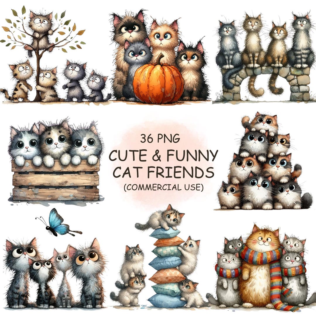 Cute &amp; Funny Cat Friends Clipart PNG - 36 Watercolor Quirky Whimsical ...