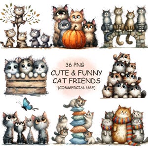 Lindos y divertidos gatitos amigos PNG - 36 imágenes prediseñadas de gatitos extravagantes y caprichosos en acuarela, descarga imprimible por sublimación / uso comercial