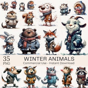 35 Winter Animals Clipart PNG Bundle - Watercolor Funny Cozy Animals images - Digital Download