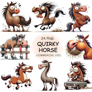 Cute Funny & Quirky Horse Clipart PNG Bundle Watercolor Expressive Silly Farm Animal Printable Images Digital Download Commercial Use
