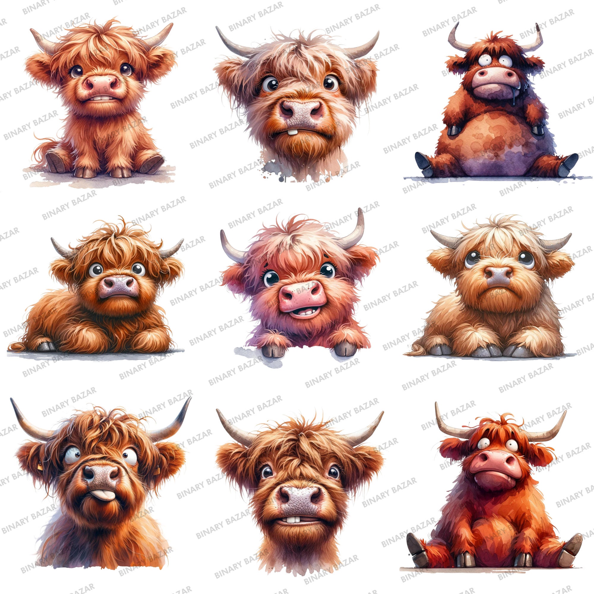 36 Funny Highland Cow Clipart: Watercolor Quirky PNG Farm Animal ...