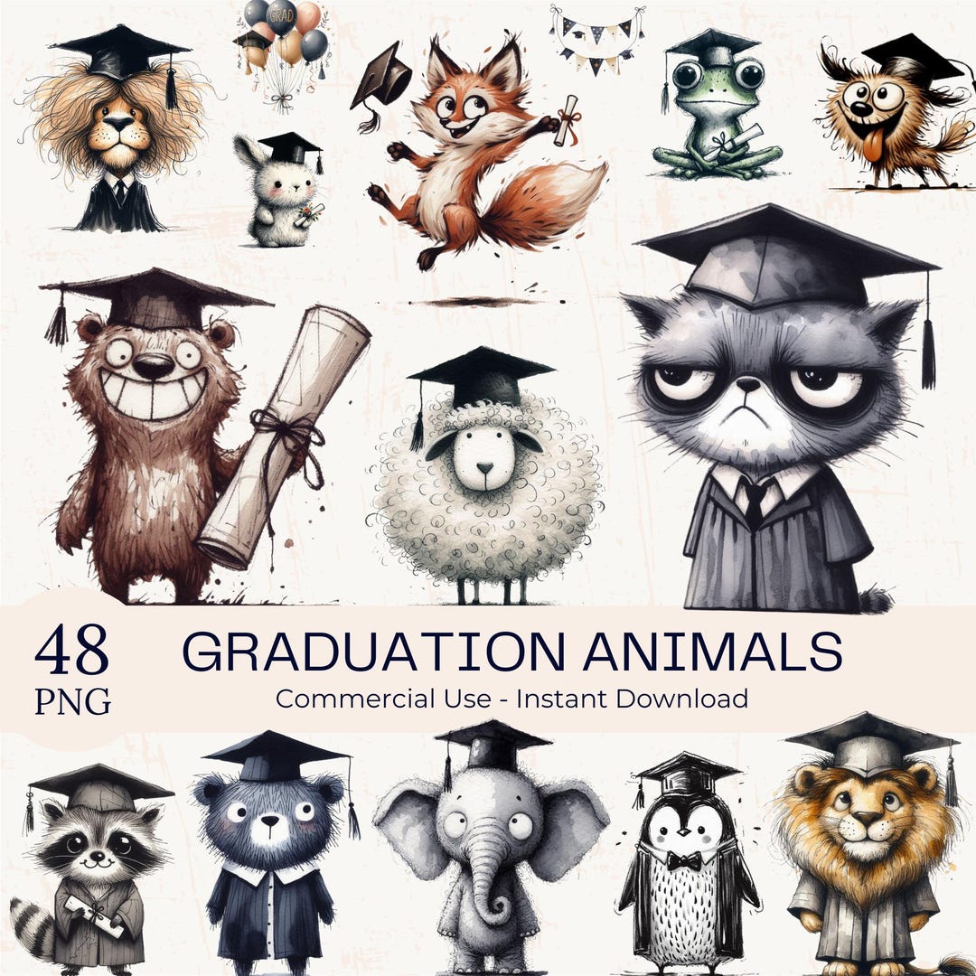48 Quirky Graduation Animals Clipart PNG Bundle: Watercolor Funny ...