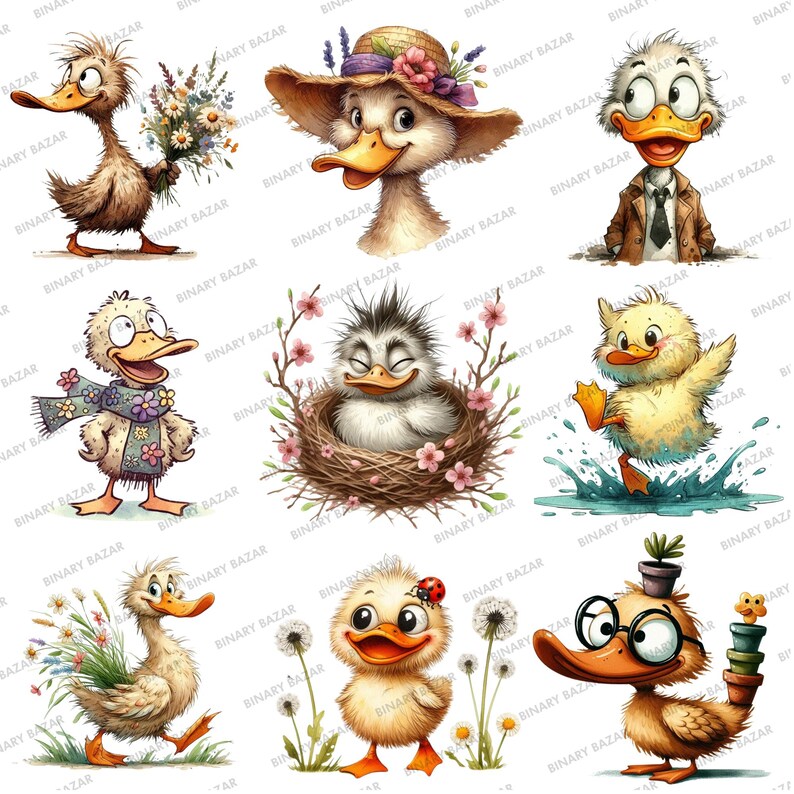May include: A collection of nine illustrations featuring cute cartoon ducks in various settings. The ducks are depicted wearing hats, scarves, and glasses, and are shown holding flowers, sitting in nests, and splashing in water.