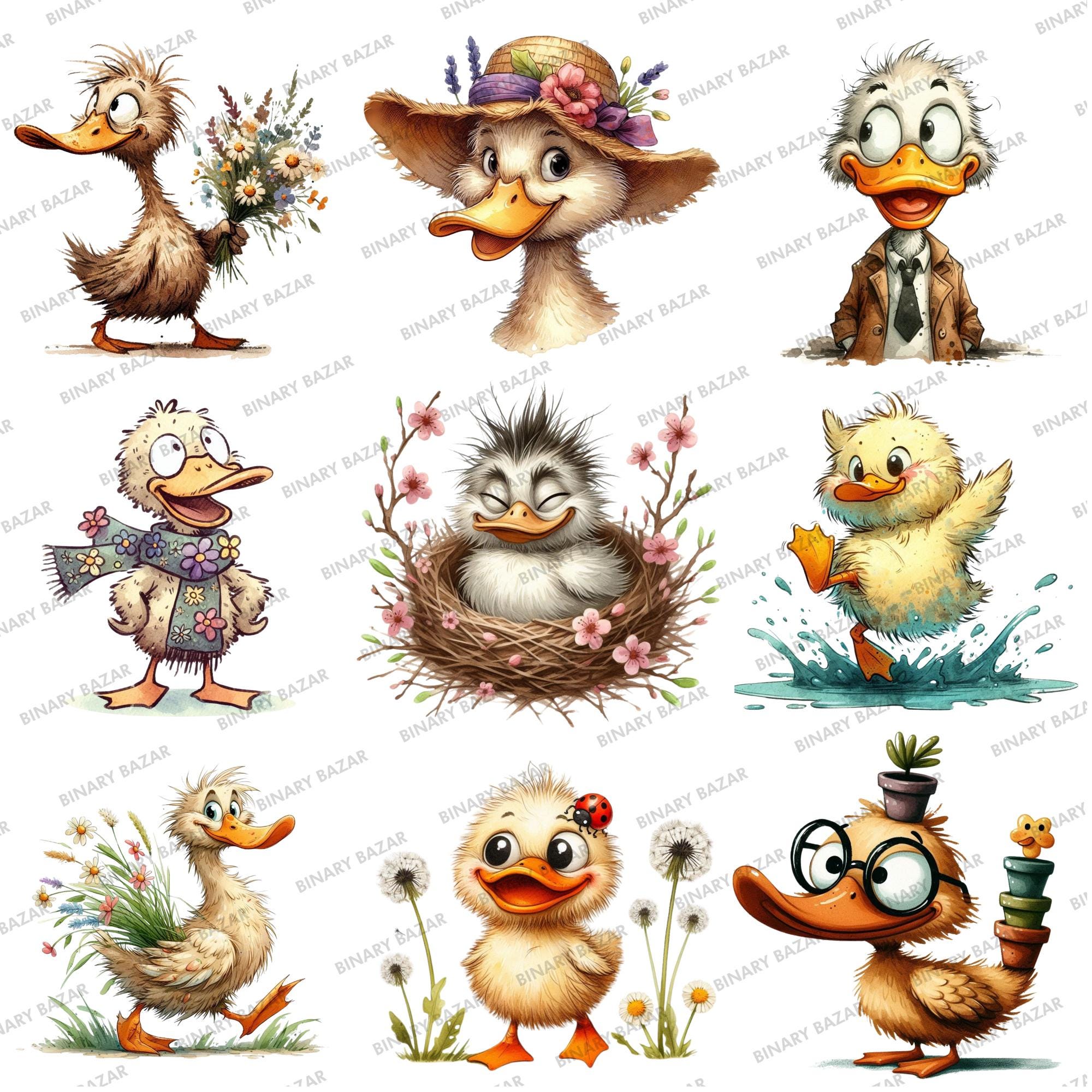 Spring Duck Clipart PNG Bundle: Watercolor Funny Floral Bird Designs ...