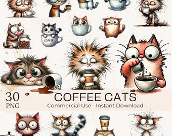 コーヒーを飲む猫のクリップアート PNG バンドル: 面白くて風変わりなコーヒーを飲む子猫の漫画イラスト (デジタルダウンロード)