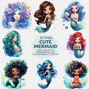 Cute Baby Mermaid ClipArt PNG Bundle - 30 Watercolor Kawaii Mythical Fantasy Ocean Sea Life Creature Clip Art - Printable Digital Download