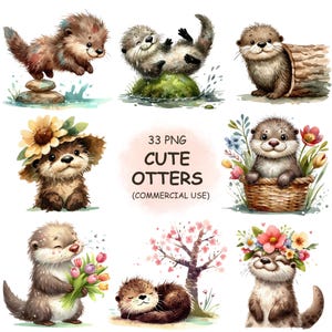 Ensemble de cliparts PNG mignon loutre de printemps - 33 loutres fantaisistes aquarelles avec des fleurs, art animalier drôle de forêt, utilisation commerciale en téléchargement numérique