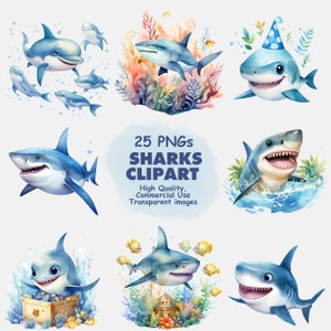 Paquete de 25 imágenes prediseñadas de tiburón bebé adorables (en acuarela, kawaii) - Imágenes prediseñadas de tiburón marino - Imágenes digitales imprimibles de animales del océano