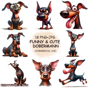 Pacote de clipart engraçado, fofo e peculiar de cachorro Dobermann - 18 clipart de animais em aquarela, download digital transparente para impressão | Uso comercial
