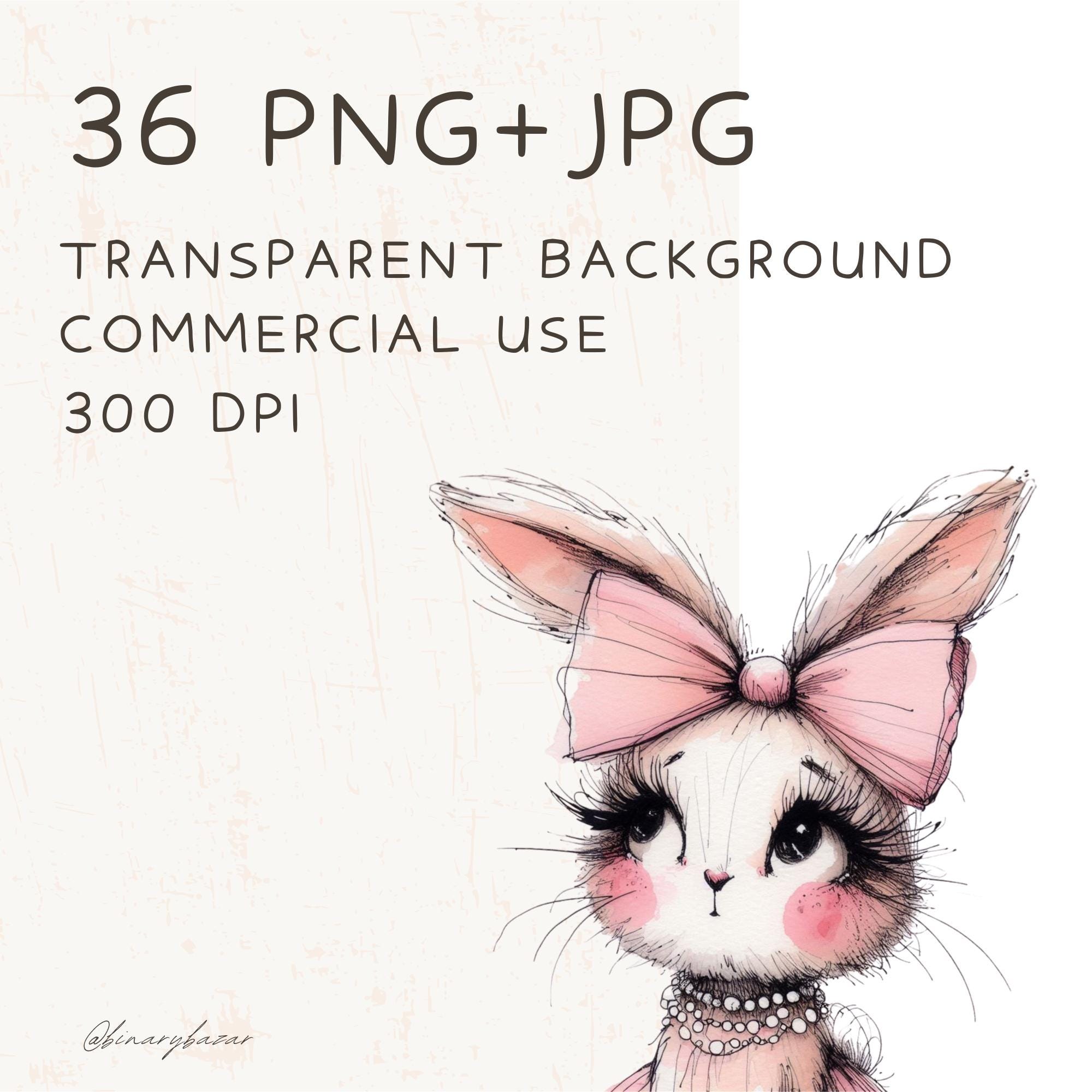 36 Coquette Bunny Clipart PNG Bundle: Watercolor Whimsical Pink Bow ...