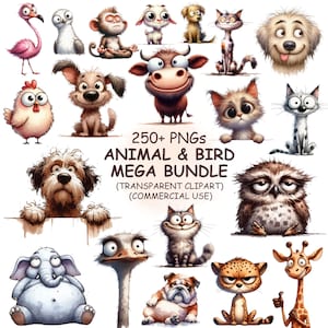 Plus de 250 oiseaux et animaux drôles et mignons Clipart PNG Bundle - Aquarelle oiseaux, chiens, chats, safari et clipart animaux de la ferme | Téléchargement numérique
