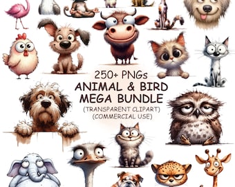 250+ Funny & Cute Birds and Animals Clipart PNG Bundle - Watercolor Birds, Dogs, Cats, Safari and Farm Animals Clip Art | Digital Download