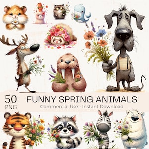 Imágenes prediseñadas de animales de primavera en acuarela: 50 imágenes PNG de arte de jardín y safari (descarga digital)