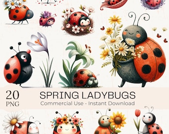 Paquete de 20 imágenes prediseñadas de mariquitas de primavera: Insectos florales de acuarela (descarga instantánea en PNG y SVG)