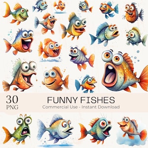 Akwarelowe śmieszne grafiki z rybami: 30 grafik PNG przedstawiających zwierzęta oceaniczne (do użytku komercyjnego) (natychmiastowe pobranie)