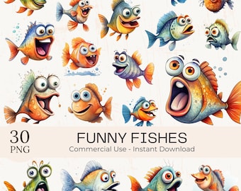 Watercolor Funny Fish Clipart: 30 PNG Ocean Animal Graphics (Commercial Use) (Instant Download)