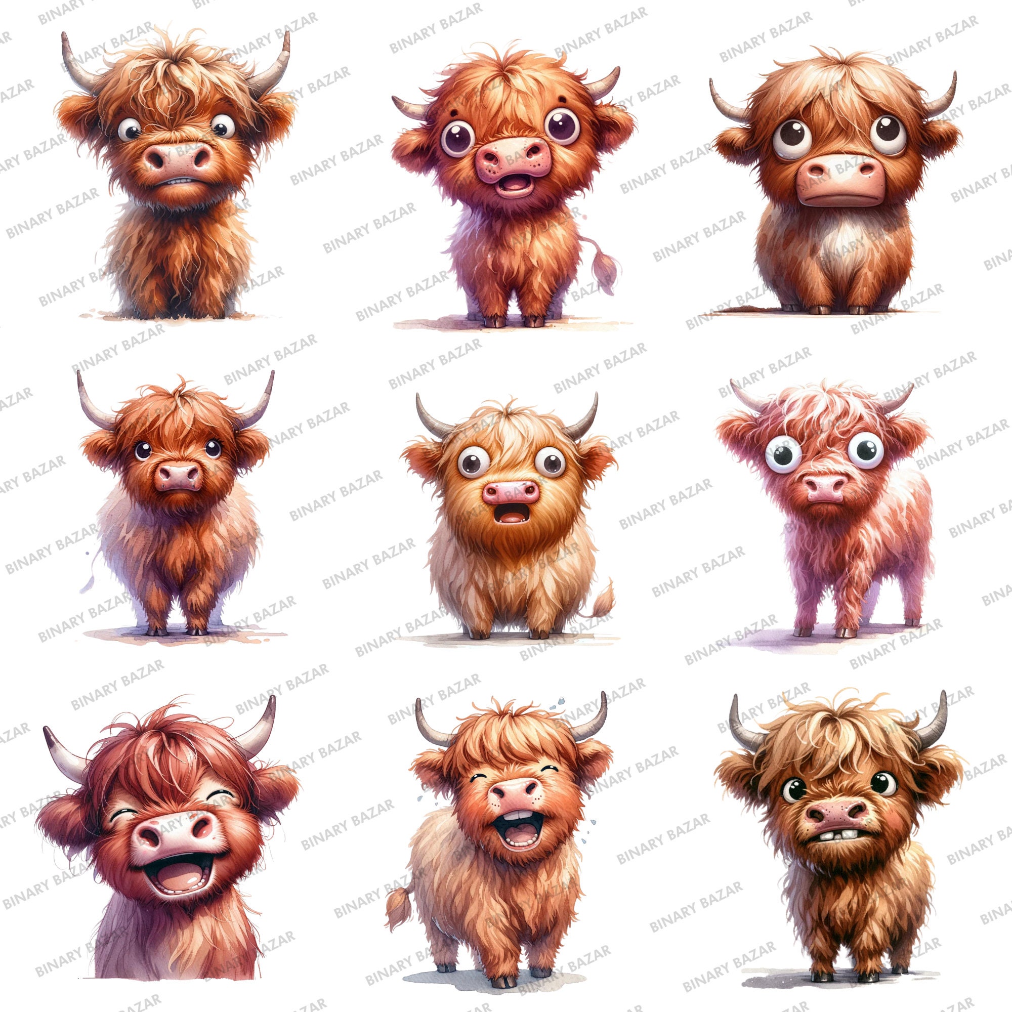 36 Funny Highland Cow Clipart: Watercolor Quirky PNG Farm Animal ...