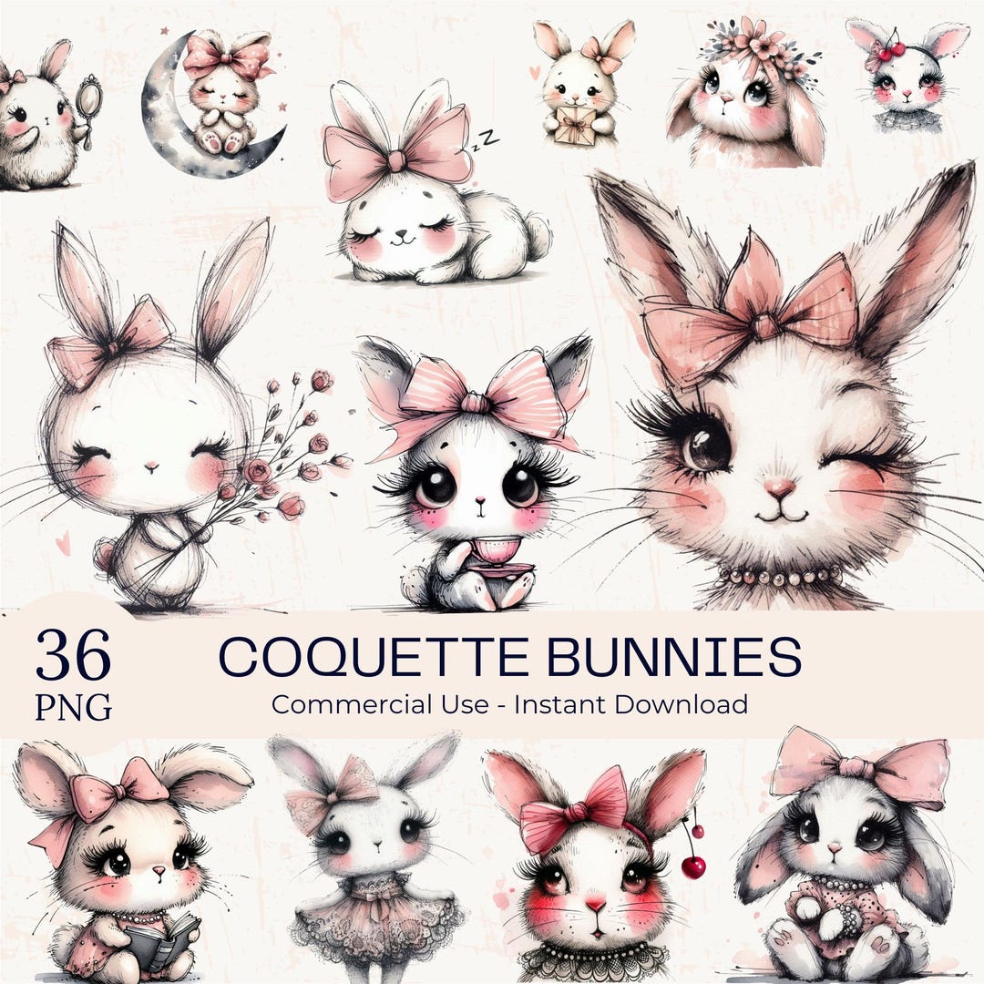 36 Coquette Bunny Clipart PNG Bundle: Watercolor Whimsical Pink Bow ...