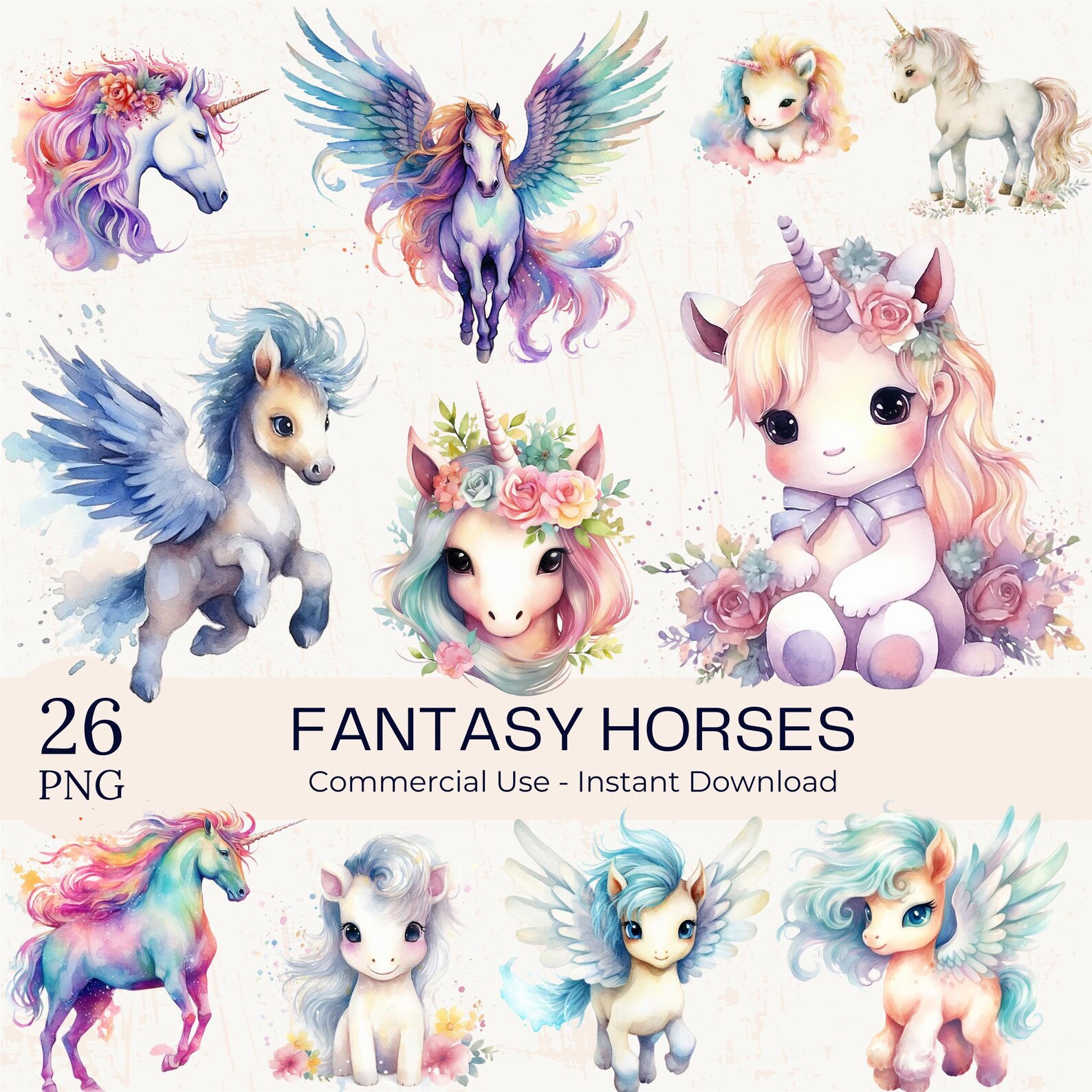 Watercolor Fantasy Horses Clipart PNG Bundle - 24 Unicorn & Pegasus ...