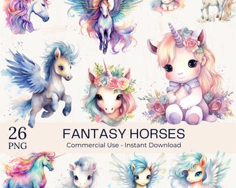 Watercolor Fantasy Horses Clipart PNG Bundle - 24 Unicorn & Pegasus Mythical Animal Designs (Commercial Use)