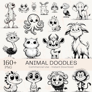 Könnte beinhalten: Eine Sammlung von schwarz-weißen Cartoon-Tier-Doodles, darunter ein Hund, eine Krabbe, eine Biene, ein Kaninchen, ein Truthahn, ein Geier, ein Elefant, ein Oktopus, ein Vogel, ein Strauß, eine Katze, eine Ziege und ein Affe. Der Text "160+ PNG" und "ANIMAL DOODLES Commercial Use - Instant Download."