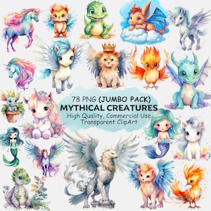 Créatures mythiques mignonnes ClipArt PNG - licorne fantastique, Dragons, sirène, griffon aquarelle Clip Art - 78 animaux adorables en téléchargement numérique
