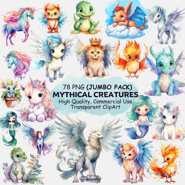 Lindas criaturas míticas ClipArt PNG- Fantasía Unicornio, Dragones, Sirena, Griffin Acuarela Clip Art- 78 Animales Adorables Descarga Digital