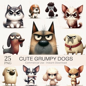 Ensemble de cliparts PNG Grumpy Dogs : art canin rigolo (ensemble à téléchargement numérique)
