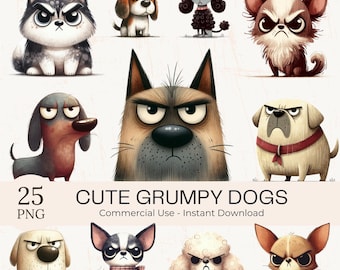 Grumpy Dogs PNG Clipart Bundle: Funny Canine Art (Digital Download Set)