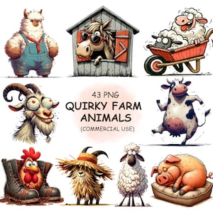 Lindos y divertidos animales de granja clipart PNG paquete acuarela vaca, cabra, cerdo, oveja, caballo, pollo clipart imprimible descarga digital
